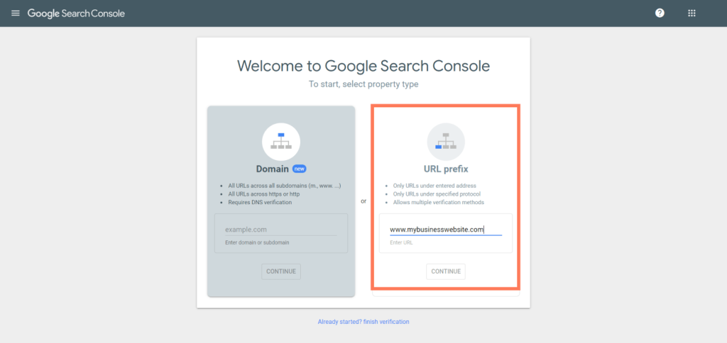 Setup Google Search Console via URL Prefix