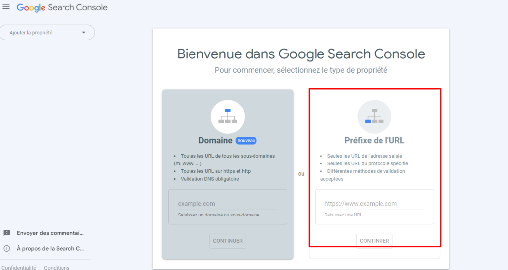 Configuration de Google Search Console via le préfixe d'URL