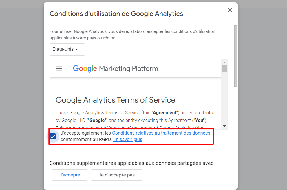 Accepter les conditions d'utilisations pour installer Google Analytics 4